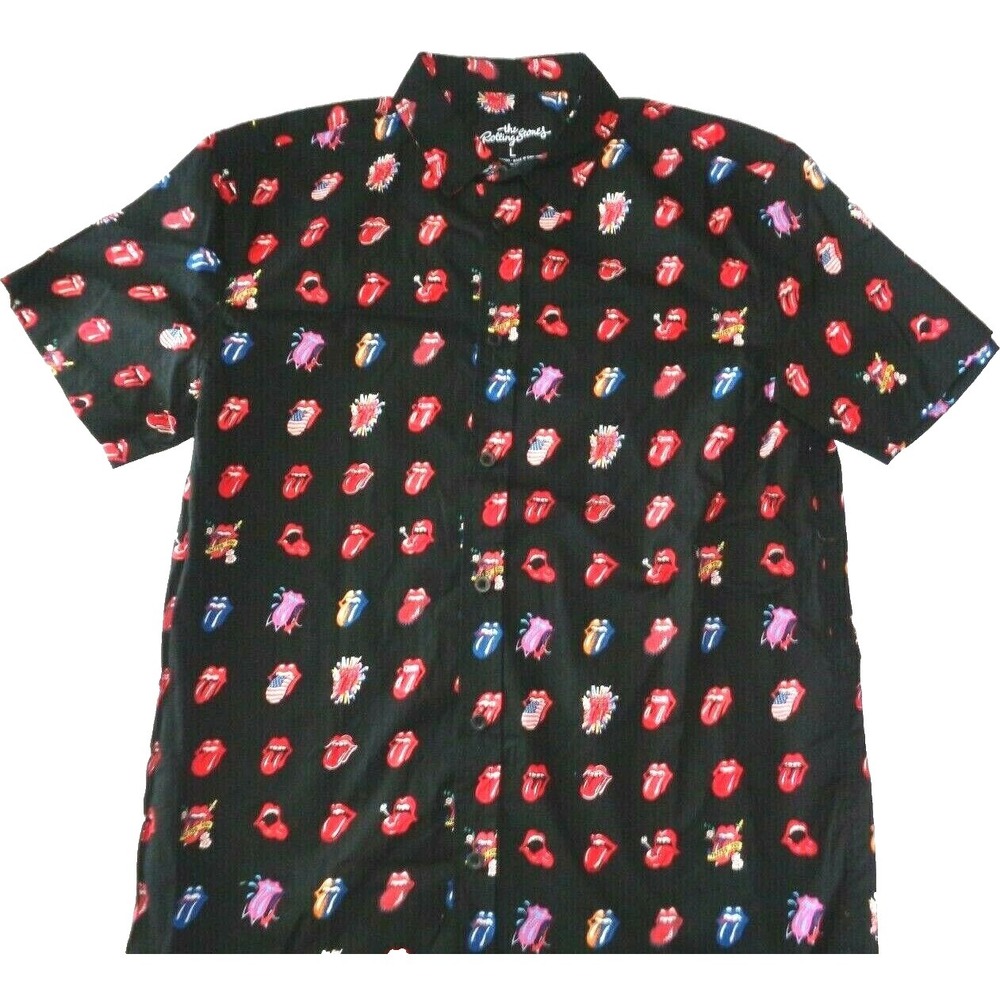 The Rolling Stones Mens Tongue Logo All Over Button Down Shirt Black Sz S New
